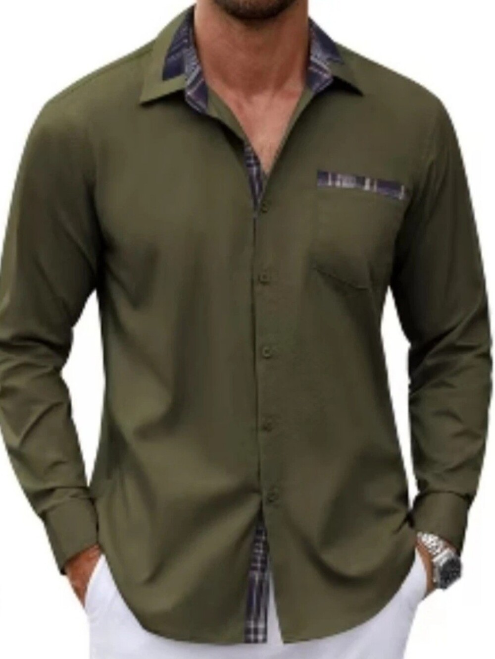 COOFANDY Mens Large Longsleeve Button Up Shirt Green Khaki Plaid Accents Cotton